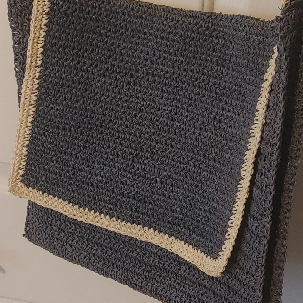 Woven Raffia Crossbody Bag Blue With White Trim Measures 12" L x 11" H x 2" W - Picture 3 of 7